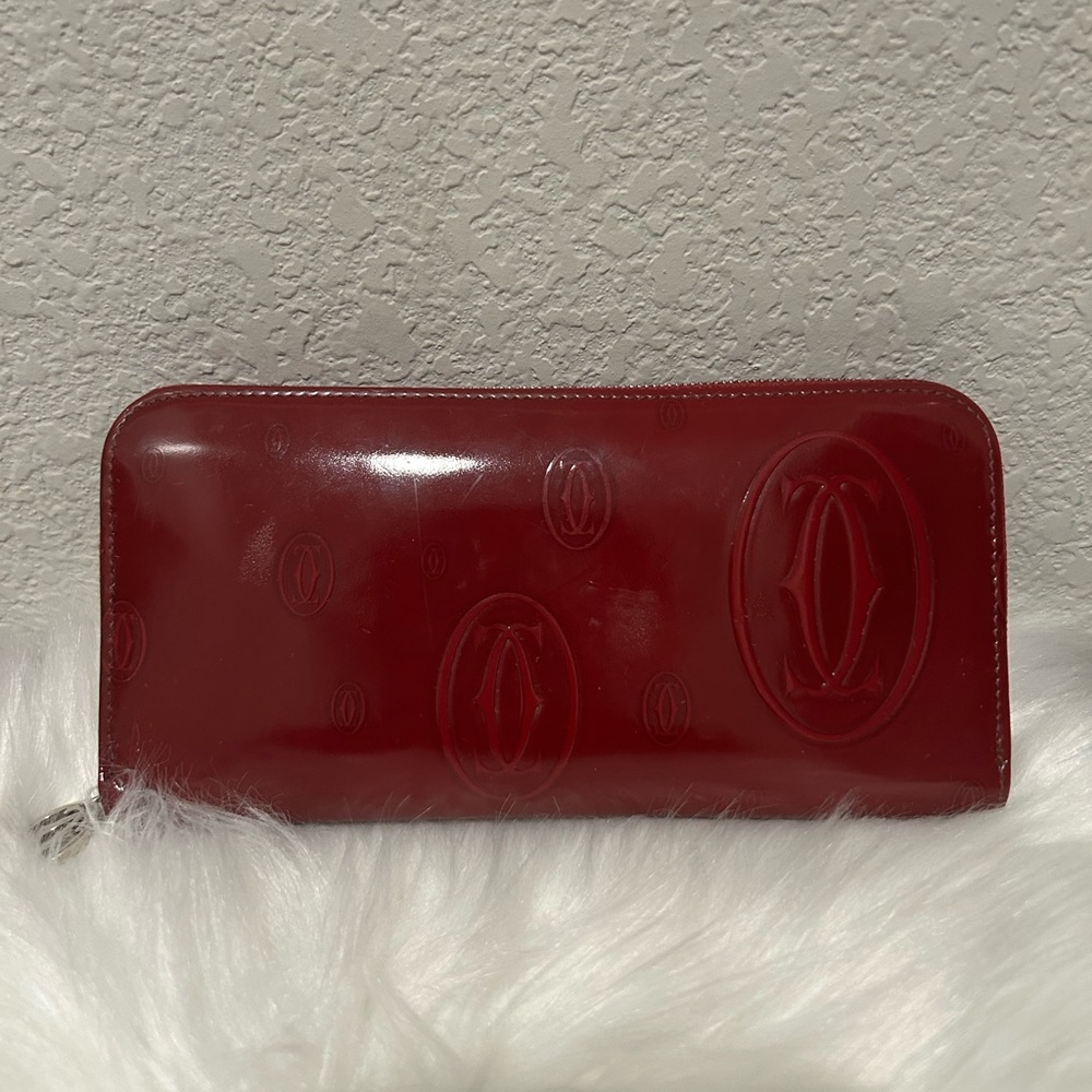 Cartier Burgundy Patent Zip Around Wallet with Embossed Logo